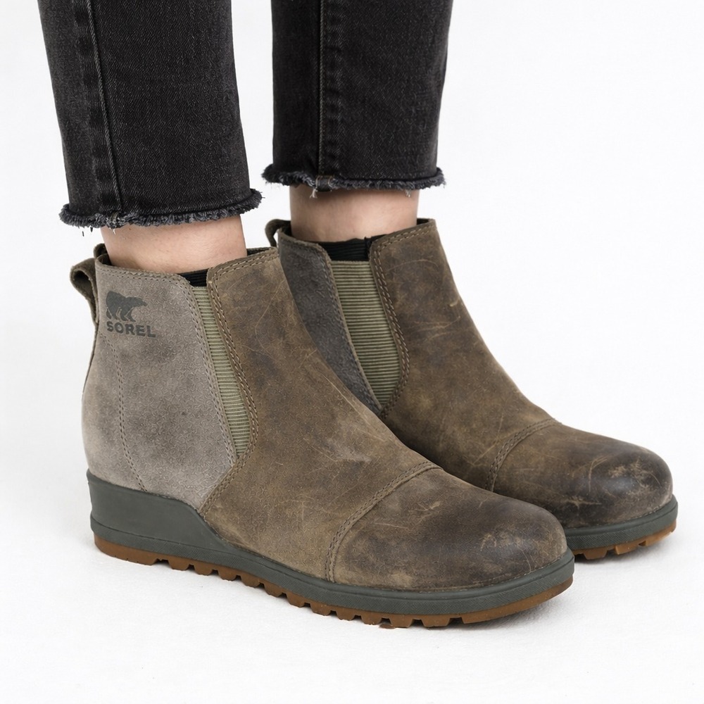 Sorel Lennox Chelsea Boots Women's Size 6 Gray Leather Suede Waterproof Pull-On